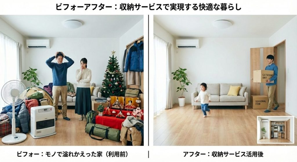 ものが溢れかえっている部屋からトランクルームを活用してすっきりした写真